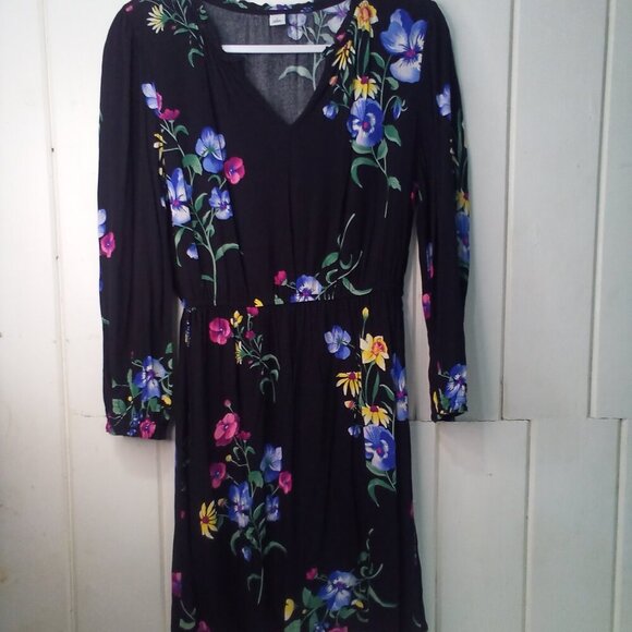 Old Navy Dress Women S Long Sleeve Elastic Waist Floral Black Colorful - Picture 2 of 16